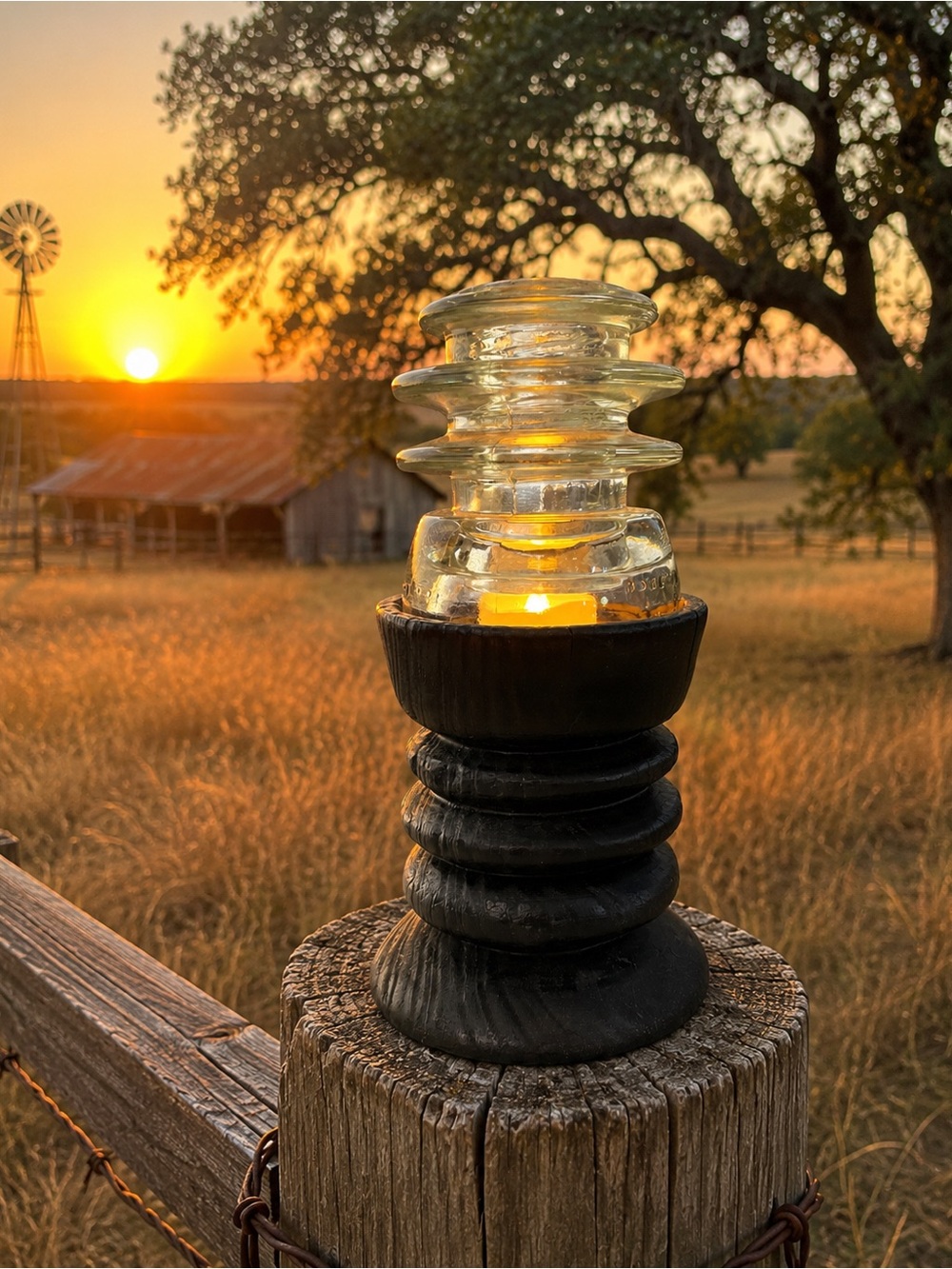 B&W Redneck Fairy Lamp | Clear Hemingray Insulator | Charred Pine Base